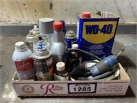 Box of WD40, Engine Enamel Leak Seal, Misc