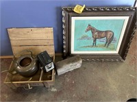 FRAMED HORSE PRINT, WOODEN BOX & MORE
