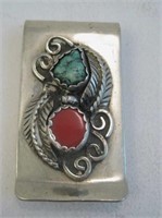 Navajo SS Turquoise & Coral Money Clip -Hallmarked