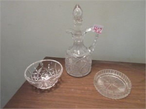 manganese glass pourer and pressed glass dishes