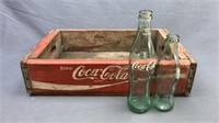 Wood Coca Cola Crate From Tn & 2 Glass Bottles