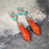 925 Sterling , Turquoise & Coral ? Drop Earrings