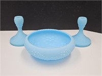 Pretty Fenton Blue Satin 8"w  Bowl ,Candleholders