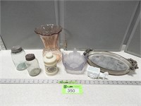Pink glass vase, Viking Glass bowl, antique jars,