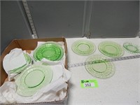 Green depression glass plates and saucers