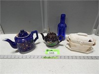 2 Teapots, jelly dish and cobalt blue bottle