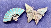 Sterling fan and butterfly brooches