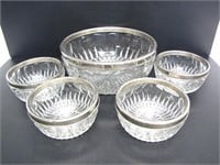 5 CRYTSAL CUT GLASS BOWLS W/ STAINLESS STEEL RIMS