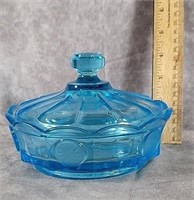 AQUA BLUE COIN GLASS CANDY DISH WITH LID