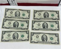 6 $2 Bills US Currency Notes