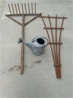 Galvanized Watering Can, Wooden Trellis & Rake