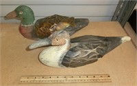 2 carved wood duck decoys w/sheet metal wings