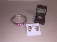 PINK CZ EARRING & RING, COORDINATING HINGED BANGLE