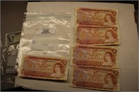 5X $2.00 CANADIAN PAPER BILLS - USED - 1974