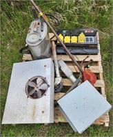Pallet with Barrel pump, electrical boxes &