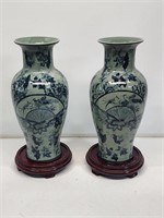 2 Gray and White China Vases with Bird Motif