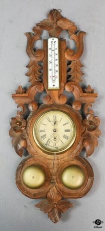 Vintage Carved Wood Clock w/Thermometer