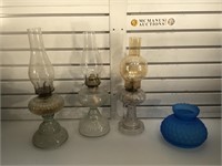 3 vintage oil lamps w/ flutes & glass shade