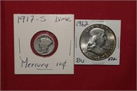 1917-S Mercury Dime & 1962 Franklin Half Dollar