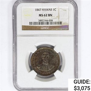 1847 Kingdom of Hawaii Cent NGC MS62 BN