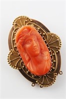 Yellow Gold Carved Coral Cameo Brooch
