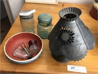 Storage Jars, Punch Tin Lamp, Wood Decorated Bowl