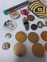 Lot of Various Tokens, Button Pins, Military