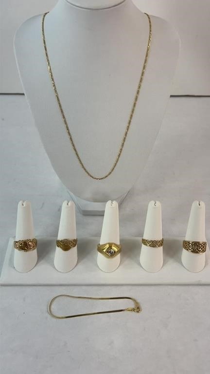 (5) GOLD PLATED RINGS & NECKLACE & BRACELET