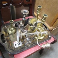TRAY OF ASST SILVER PLATE & BRASS CANDLE HOLDERS
