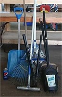 Assorted yard tools : shovel, two rakes,
