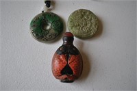 2 Antique Carved Stone Pendants & Snuff Bottle
