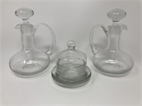 Pair of Crystal Glass Cruet Bottles, Butter Dish