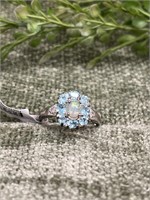 Sterling Silver Opal Cluster Ring w/ Aqua Stones
