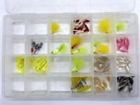 Fishing Jigs and Worms in Plastic Tackle Box 14”