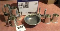 Pewter bowl & candle sticks along with 8 cups