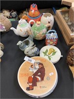 Pottery Tea Pots and Norman Rockwell Plates.