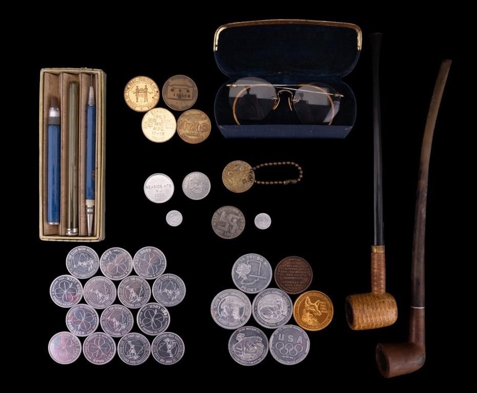 Vintage Pipes, Tokens, Spectacles, Desk Item