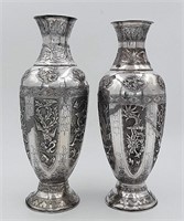 PAIR OF ASIAN SILVERED VASES