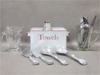 Old Milk Pitchers, Salad Servers, Enamel Towel  +