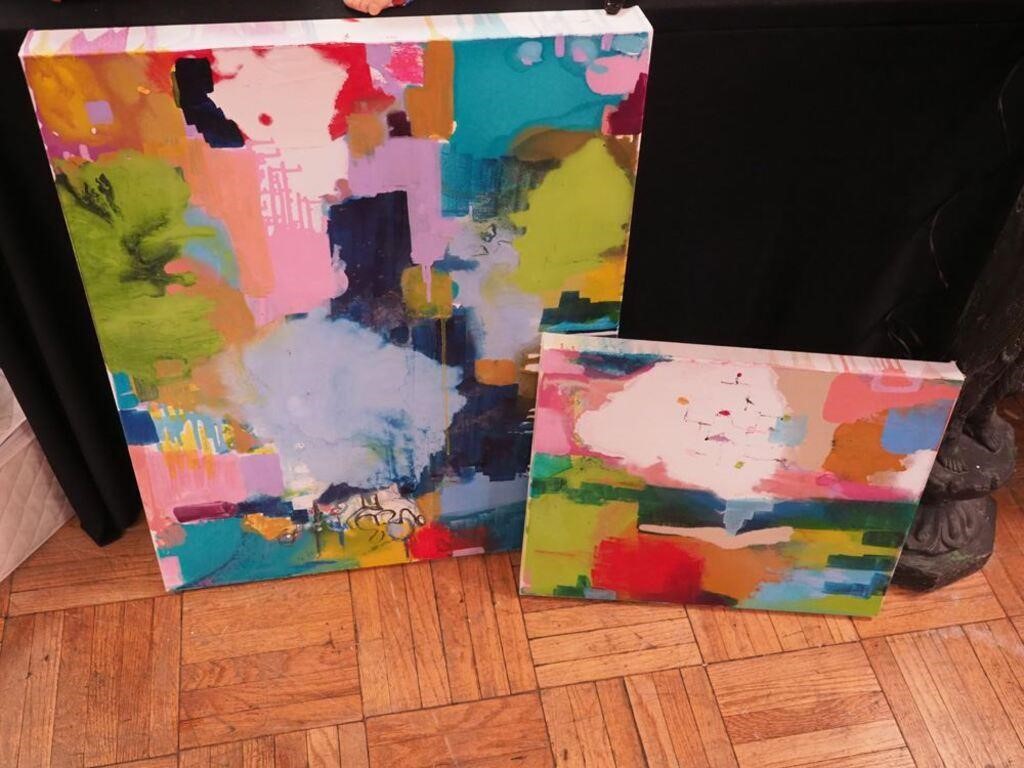 Two unframed paintings featuring abstract color