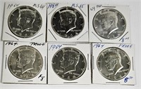 6 1964 Kennedy Silver Proof Half Dollars