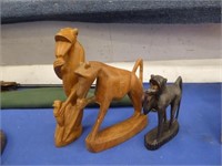 THREE HAND CARVED WOODEN MONKEY SCULPTURES,