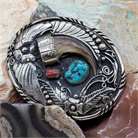 BEAR CLAW, CORAL & TURQUOISE BELT BUCKLE
HAND