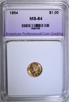 1854 $1.00 GOLD LIBERTY, APCG CH/GEM BU