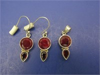 Sterling Earrings&Pendant w/Ruby & Garnet