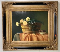 Contemporary oil still life, gold and black frame