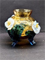 Blue And Yellow Floral Small Art Glass Vase