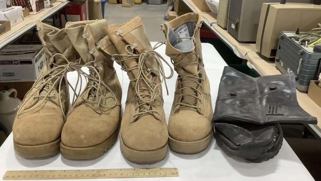 2 Vibram Military boots w/ rain boot covers sizes