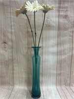 15” Teal Blown Glass with Gerbera Daisies