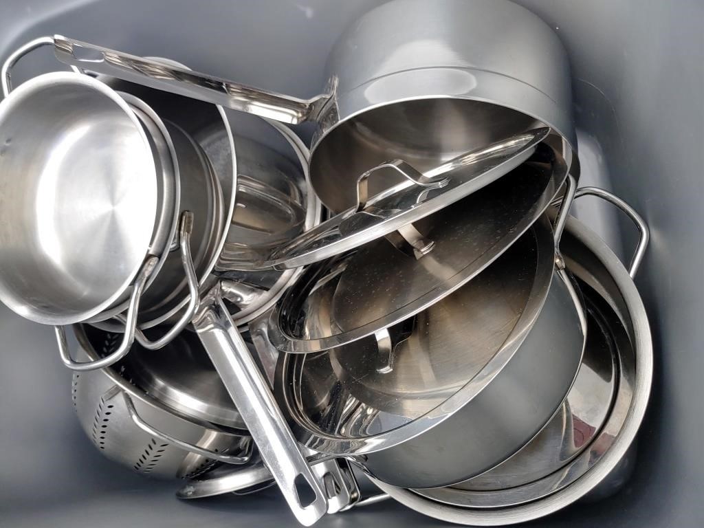 Large Tote Of Stainless Cookware